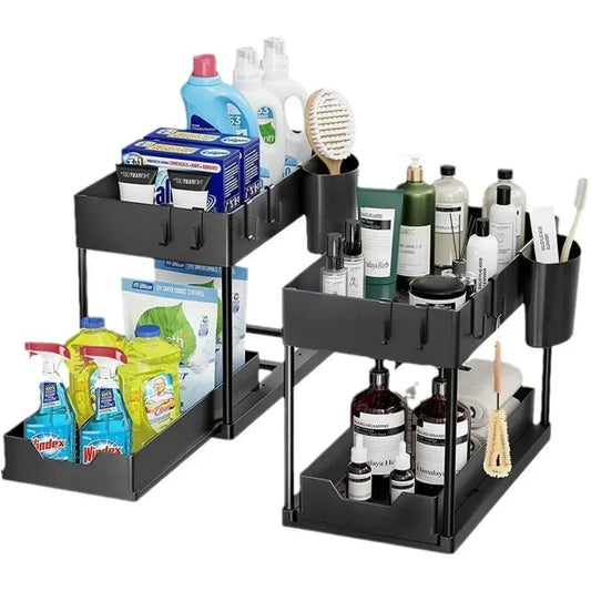 2-Tier Sliding L-Shaped Under Sink Organizer – Maximize Bathroom & Kitchen Cabinet Storage for Narrow Spaces