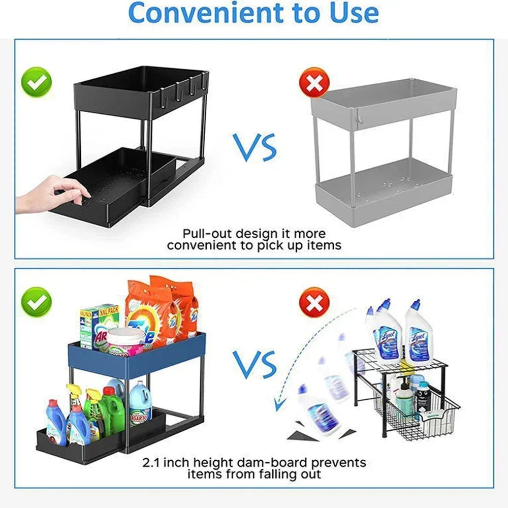 2-Tier Sliding L-Shaped Under Sink Organizer – Maximize Bathroom & Kitchen Cabinet Storage for Narrow Spaces