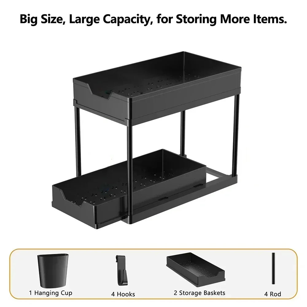 2-Tier Sliding L-Shaped Under Sink Organizer – Maximize Bathroom & Kitchen Cabinet Storage for Narrow Spaces