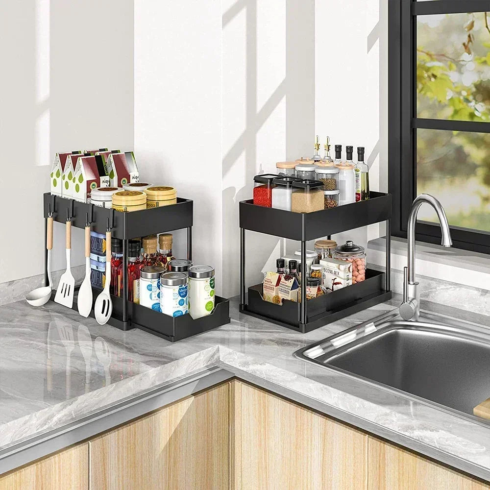 2-Tier Sliding L-Shaped Under Sink Organizer – Maximize Bathroom & Kitchen Cabinet Storage for Narrow Spaces