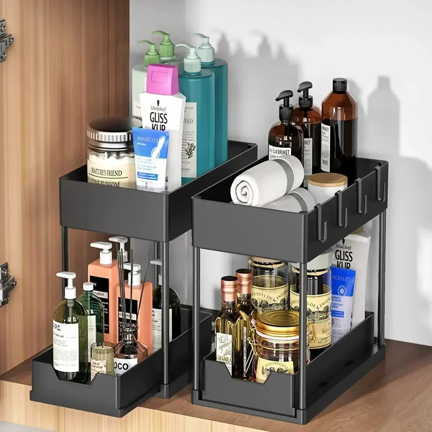 2-Tier Sliding L-Shaped Under Sink Organizer – Maximize Bathroom & Kitchen Cabinet Storage for Narrow Spaces