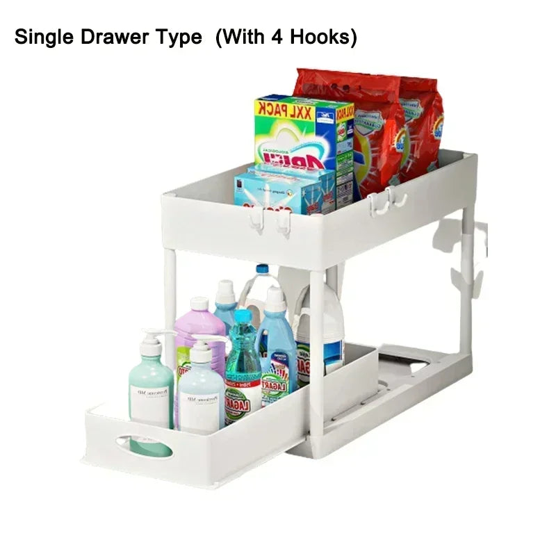 2-Tier Sliding L-Shaped Under Sink Organizer – Maximize Bathroom & Kitchen Cabinet Storage for Narrow Spaces