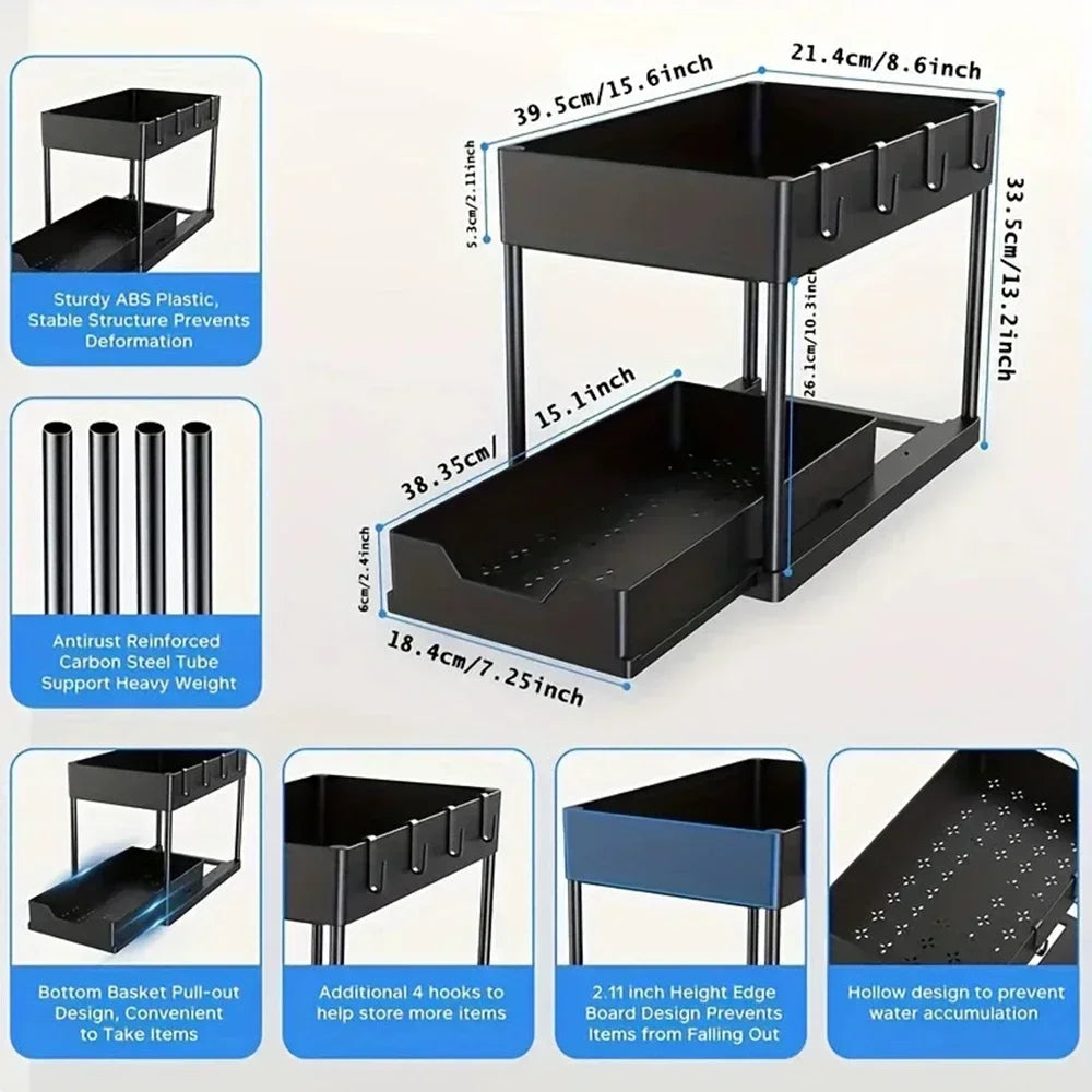 2-Tier Sliding L-Shaped Under Sink Organizer – Maximize Bathroom & Kitchen Cabinet Storage for Narrow Spaces